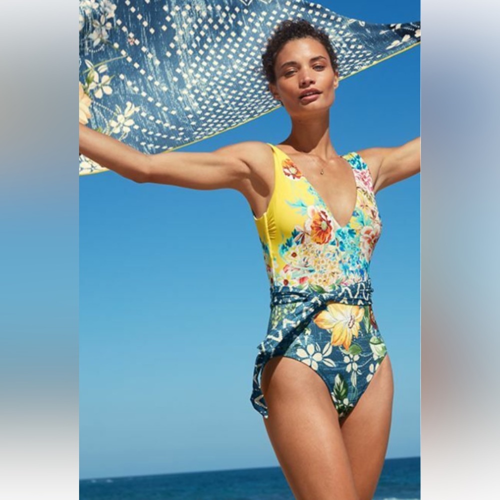 Johnny Was Yellow Blue Floral Belt Swim One Piece Size XS